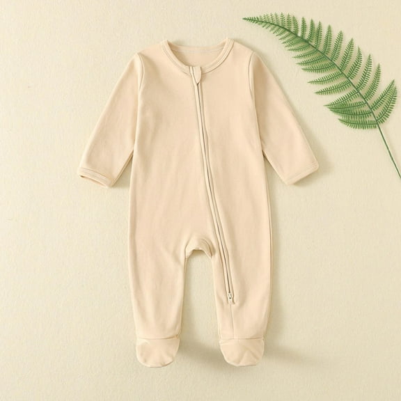fnnxnal Infant Footed Onesie 100% Cotton, Two-Way Zipper for Easy Diaper Change, 3 Months, Beige, Newborn Gender Neutral