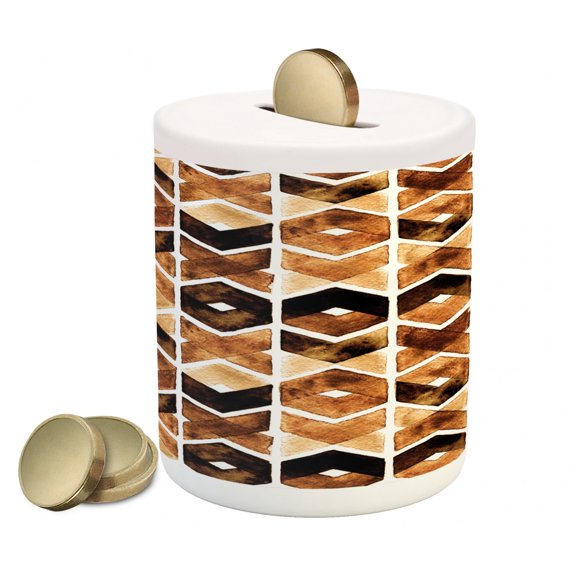 Watercolor Piggy Bank, Chevron Geometric Motifs in Dark Coffee Colors Zigzag Tribal, Ceramic Coin Bank Money Box for Cash Saving, 3.6" X 3.2", Brown Caramel Pale Brown, by Ambesonne