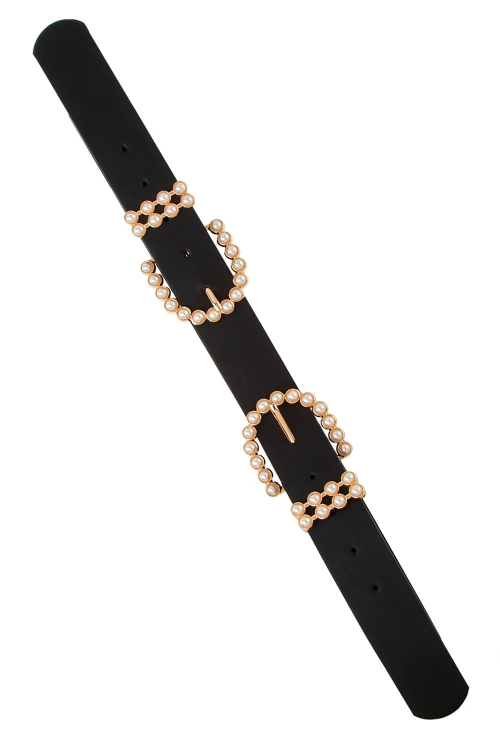 Women's Pearl Double Buckle Faux Leather Belt with Pearl Loops