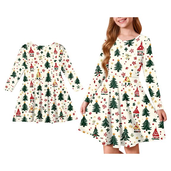 Kids Christmas Dresses for Girls Long Sleeve Classic Christmas Graphic A-Line Dresses Flowy Fall Dresses Christmas Dress Girls Size 7-8 Years