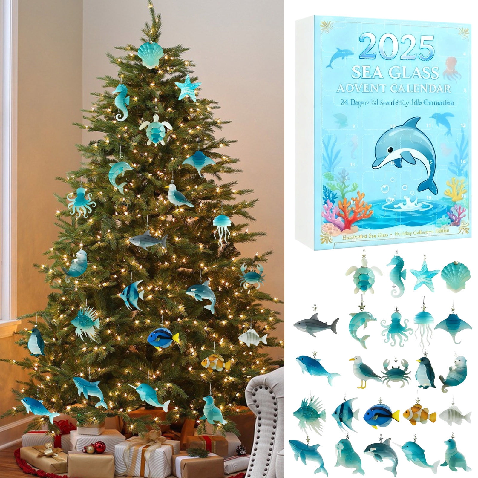 Lunxisen 1 Pcs Sea Glass Life Advent Calendar Christmas Countdown Calendar With Realistic Animals Decoration.