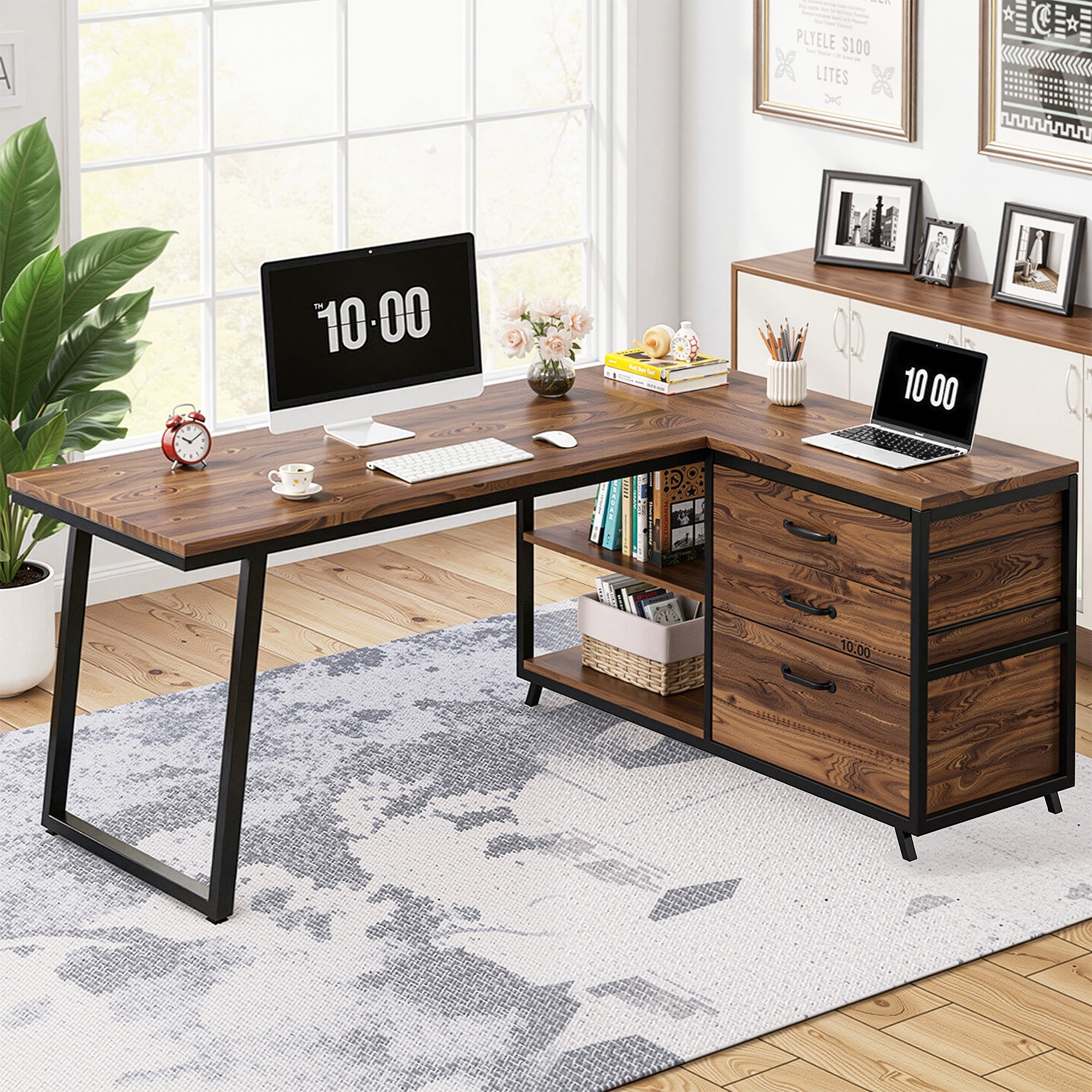 MAYEERTY 53" L-Shaped Desk with File Cabinet, Industrial Style, Easy Assembly