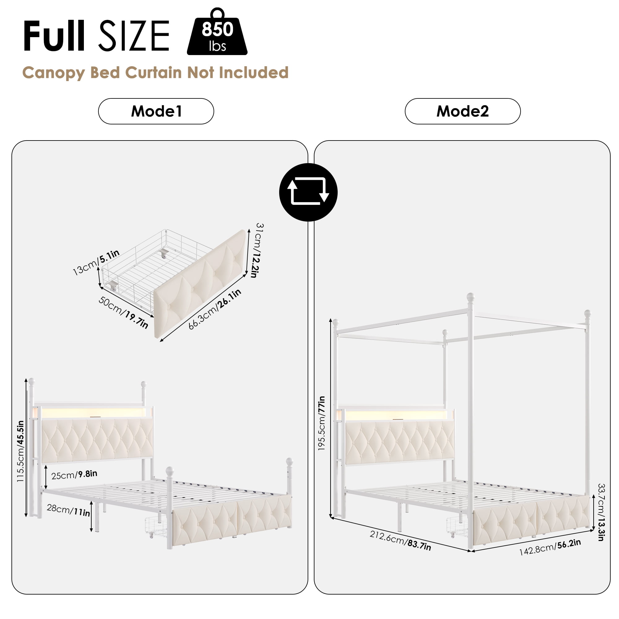 Hiphuta Full Size Upholstered Canopy Bed with Charging Station & Storage Drawer,Button Tufted Headboard with LED Light, Full Bed Frames, Beige