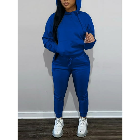LovelyWholesale Women's Hooded Collar Drawstring Hooded Collar Long Sleeve Tracksuit Set