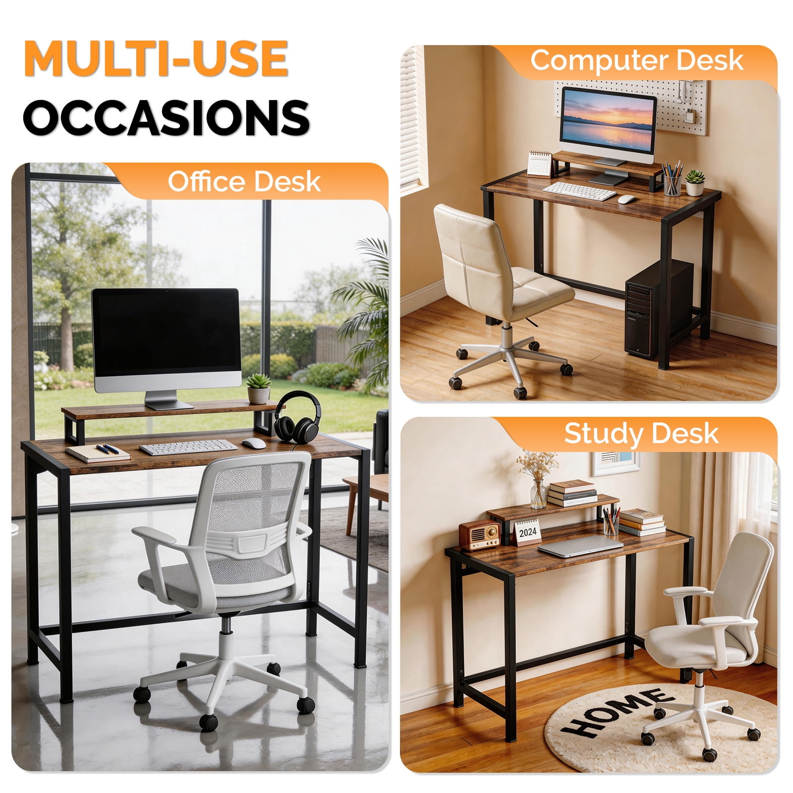 Astoutdoor Foldable Computer Desk with Shelf and Light, 31.5 in, Brown and Black