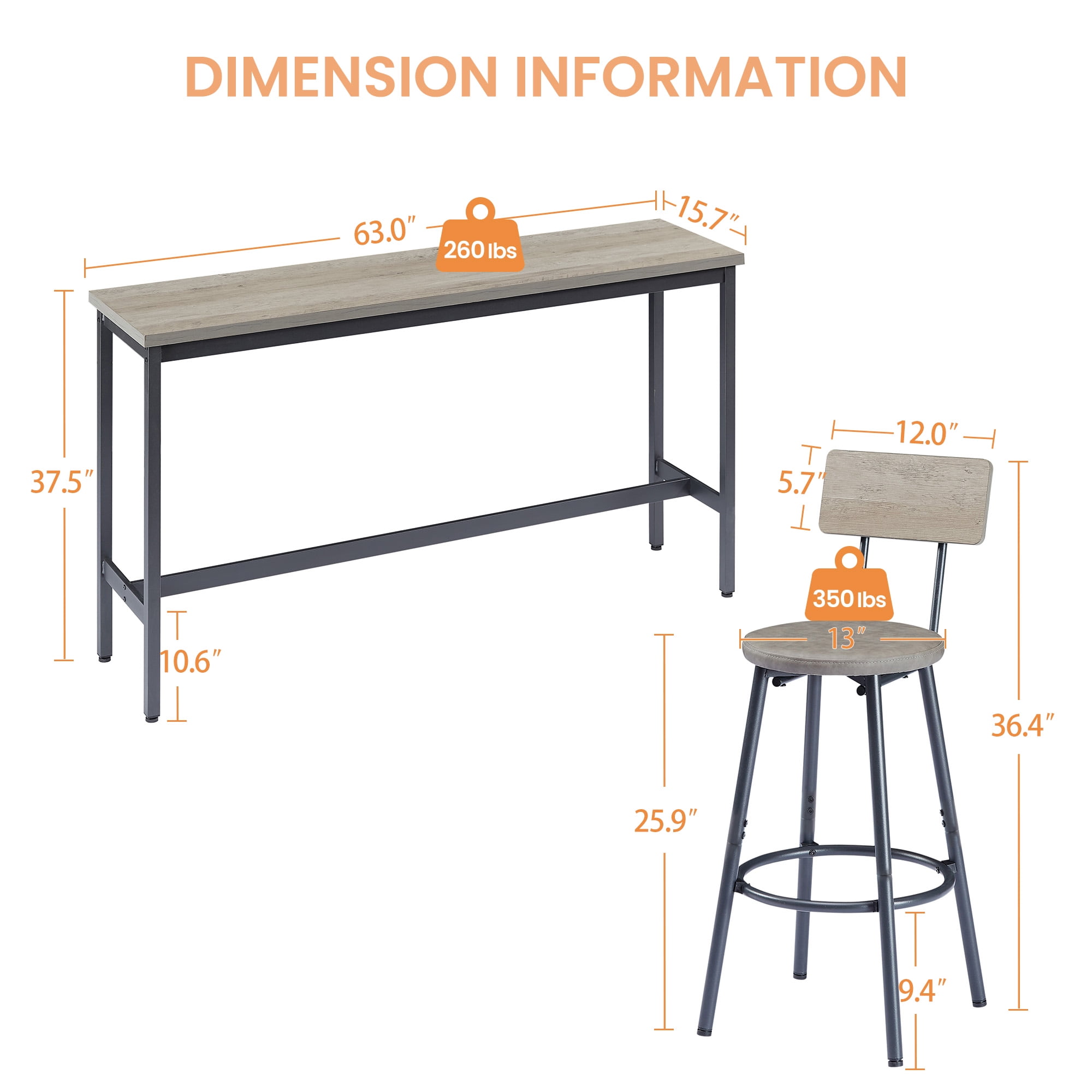 Long Bar Table Set with 3 PU Upholstered Stools, Industrial Bar Chairs for Kitchen Breakfast Table,Living Room,Banquet Hall, Rustic Gray, 63″L x15.7 W x 37.5" H