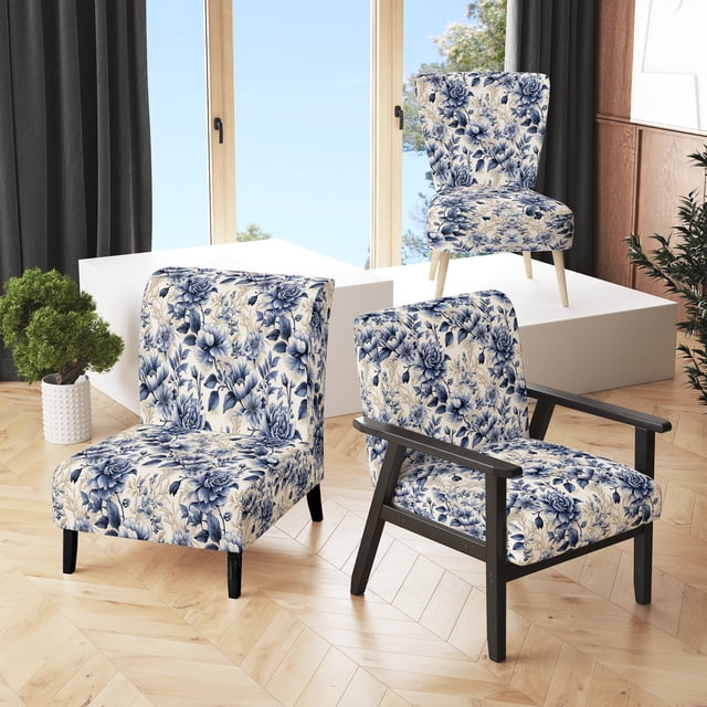Designart "Victorian Rococo Charm In Cobalt Blue II" Blue Floral Upholstered Accent Chair - Cottage Arm Chair For Bedroom