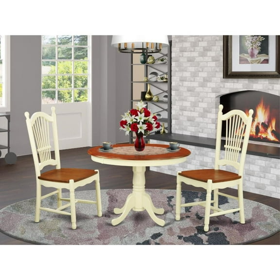 HLDO3-BMK-W 3 Pc set with a Round Small Table and 2 Leather Kitchen Chairs in Buttermilk and Cherry .