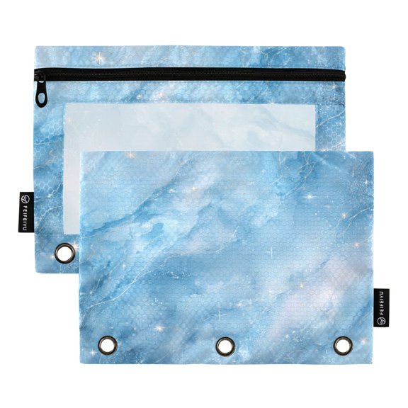 2 Pack 3 Ring Binder Pouch with Clear PVC Window Water Resistant Zipper Pencil Pouch Gold Vein Celestial Print Binder Pocket for Classroom Office Home Stationery Organization