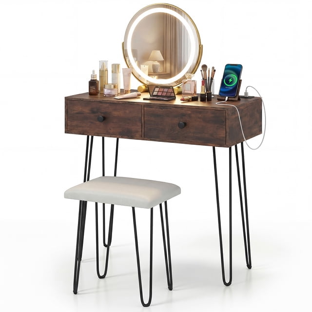 Patiojoy Vanity Desk Set Makeup Vanity Table with Removable Mirror Dressing Styling Table Rustic Brown