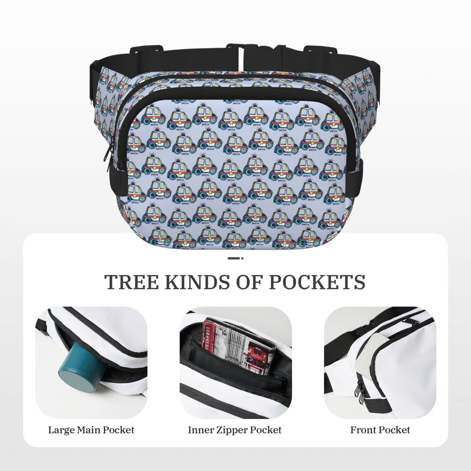 Hirioo Police Car for Double Layer Waist Bag Adjustable Fanny Pack For Travel Running Hiking