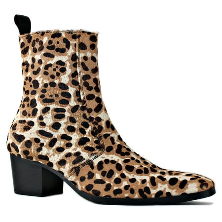 

OSSTONE Dress Boots Chelsea Pony Hair Leopard Boots for Men Zipper-up Leather Casual Heel Shoes JY012-A-Light-Brown-9 Light Brown