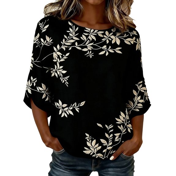 Women's Plus Size Casual Printed Blouse Short Sleeve Shirt Tunic Top Flowy Black L