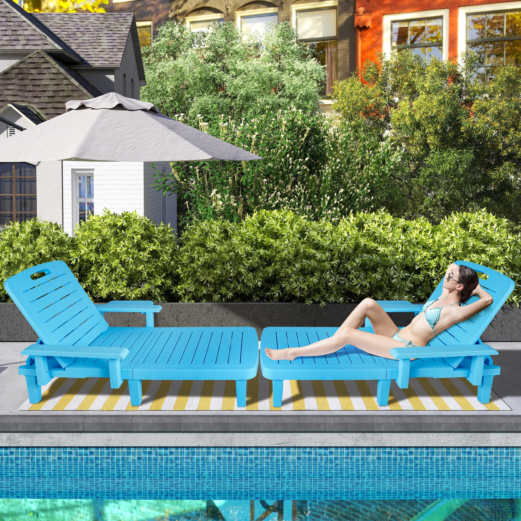 Outdoor Chaise Lounge Chair Furniture Sets of 2, Segmart Patio Pool Recliner, Chaise Chairs Set with Wide Armrest, Side Table, 5-Level Angles Adjust Backrest, Max Weight 440lbs, Blue