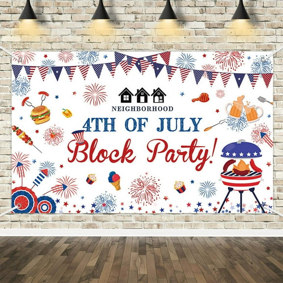 4th of July Neighborhood Block Party Backdrop Independence Day Neighborhood Open House Block Party Decorations Summer BBQ Party Banner Decor Photography Booth Props 5.9x3.6ft
