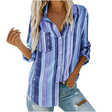 Olyvenn Womens Tops Casual Plus Size Loose Womens Fashion V Neck Striped Roll Up Sleeve Button Down Blouses Tops With Pocket Shirt For Women 2022