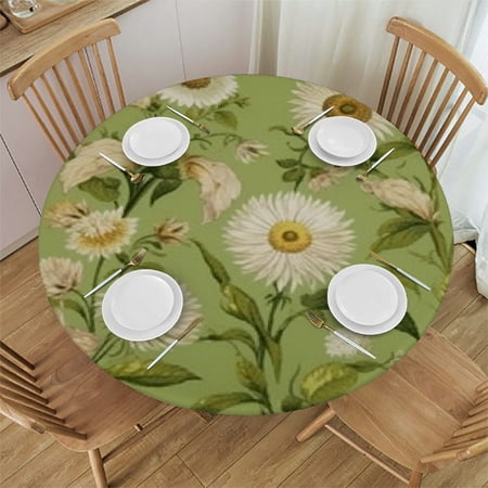 HAOXIT Summer Daisy Round Tablecloth Polyester Tablecover Anti-Wrinkle and Smooth Table Cloth for Kitchen/Home Decoration - Green 46-50