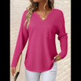 thumbnail image 4 of Blusas para Mujer, de Punto Gofre, de Larga, con Cuello en V y Muescas, Informales, Modernas, de Color Liso, Holgadas. Rosa Roja M, 4 of 7