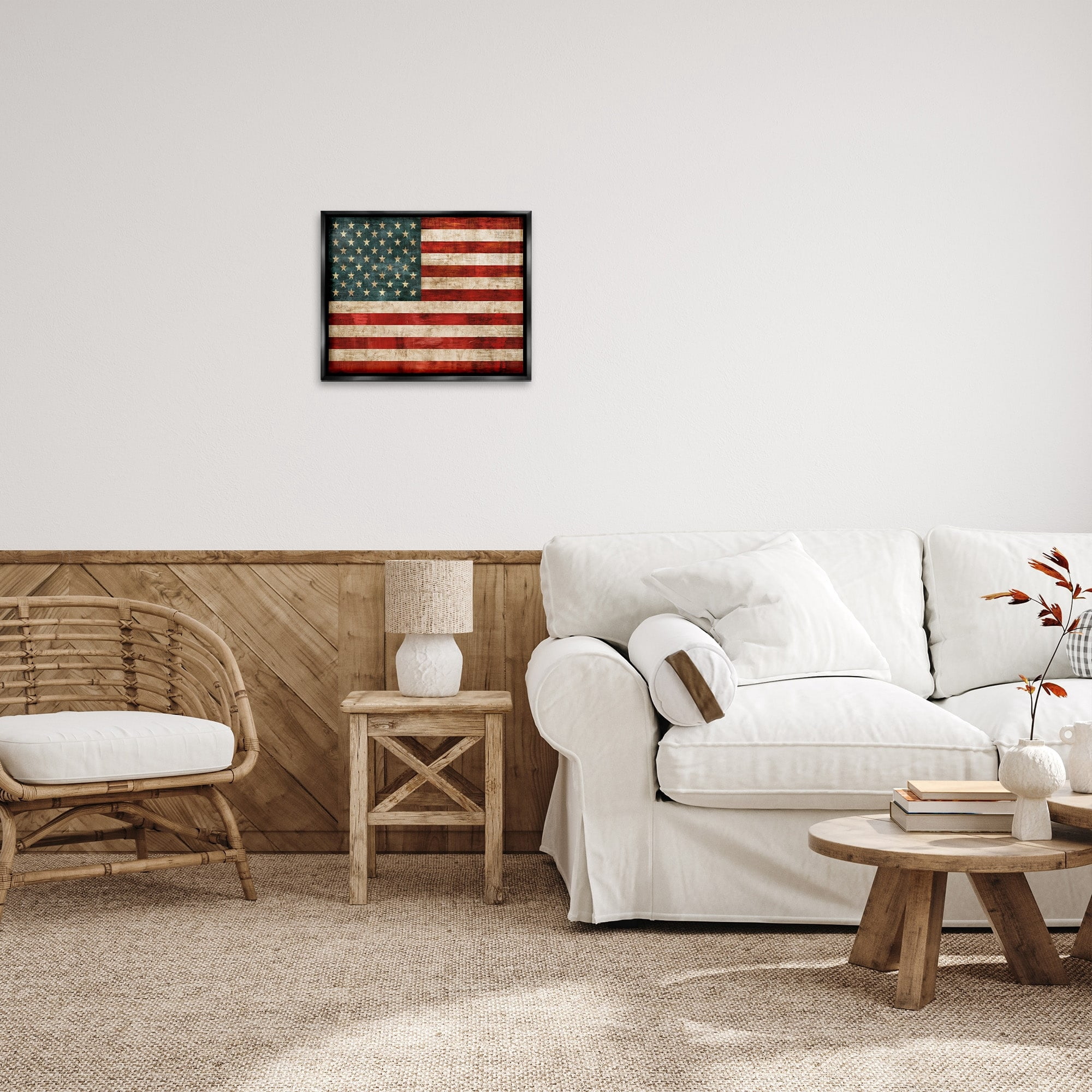 Stupell Industries US American Flag Wood Textured Design Jet Black Framed Floating Canvas Wall Art, 16x20, by Luke Wilson