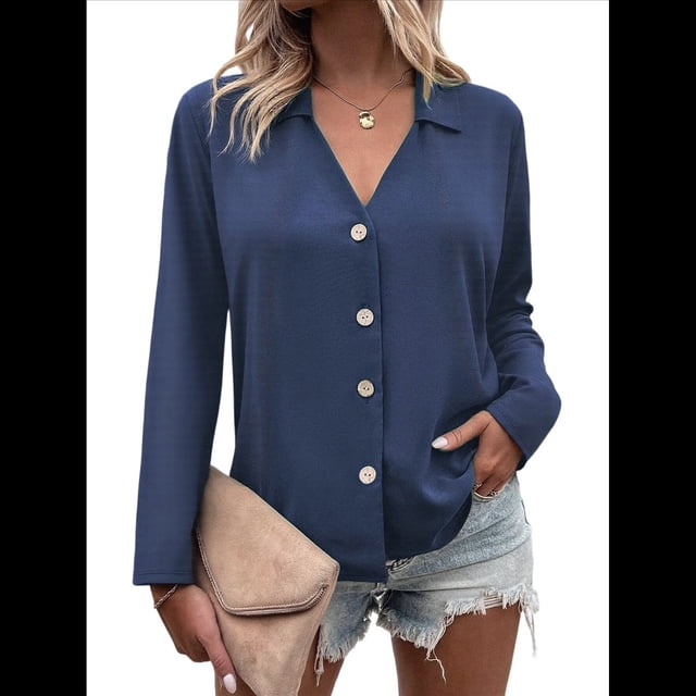 Camisetas de Mujer con Botones, Mangas 3/4, Cuello en V, Camisetas Casuales de Verano para Mujer Azul L