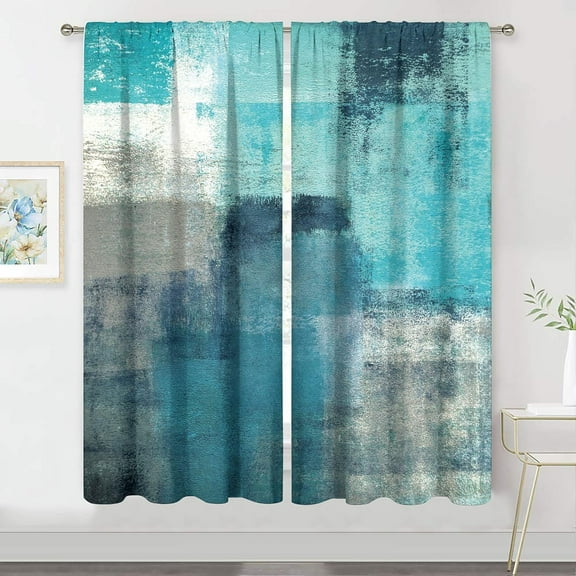 Turquoise Grey Abstract Curtains 42Wx63H Rod Pocket Blue Teal Aqua Gray Art Painting Modern Contemporary Watercolor Background Oil Print Cool Living Room Bedroom Window Drapes Fabric 2 Panel