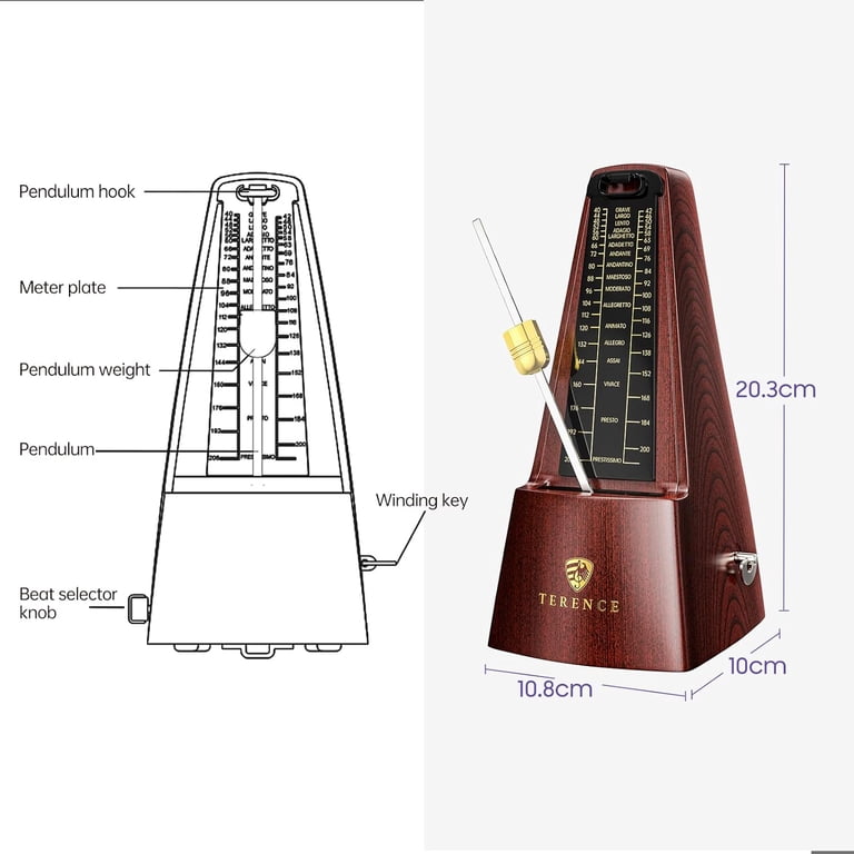 Terence Mechanical Metronome, Wooden, 40-208 BPM, Brown photo 7