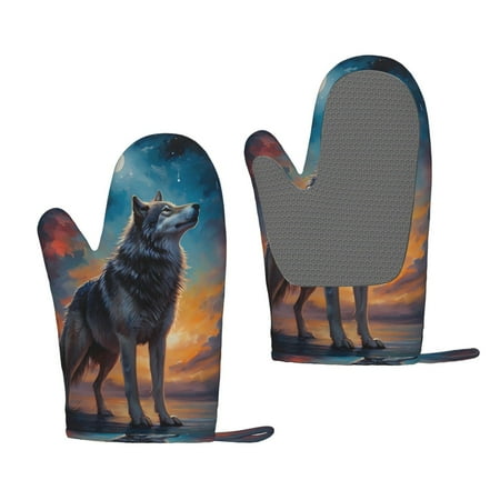 

Zeuib Moonlit Night Sky Wolf Print Oven Mitts Oven Gloves with Non-Slip Silicone Heat and Slip Resistant Cooking Mitt Set for Cooking and Baking (2 Count)