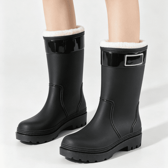 Domuza Women’s Mid-Calf Waterproof Rain Boots with Warm Fleece Lining Non-Slip PVC Winter Rain Shoes for Gardening Outdoor Work Cold Rainy Days 10(EU-43) 43