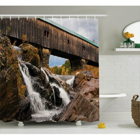 Landscape Shower Curtain Old Rustic Oak Covered Bridge Over Landscape Shower Curtain Old Rustic Oak Covered Bridge Over Cascading Waterfalls Rock Fall Season American