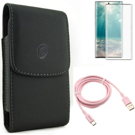 Case Belt Clip & Screen Protector & 6ft USB-C Cable for Samsung Galaxy Note 20 (6.7") - Combo with Leather Holster & Tempered Glass (Fingerprint Unlock) & Pink Charger Cord