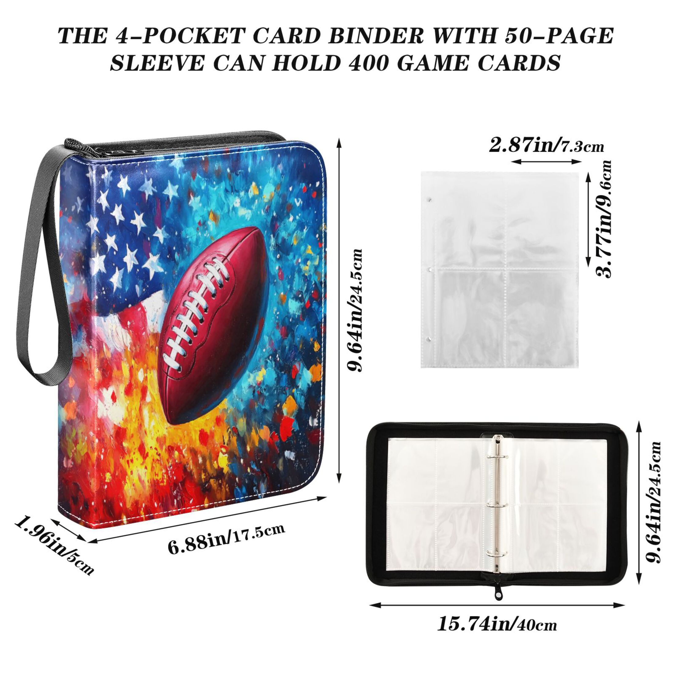 Trading Card Binder Album 400 Pockets 50 Removable 4-Pocket Pages Waterproof American Flag and Football