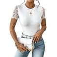 thumbnail image 2 of Womens Casual Simple Solid Color Lace Trim Short Sleeve Bodysuit for Daily Wear and Layering Style White M, 2 of 9