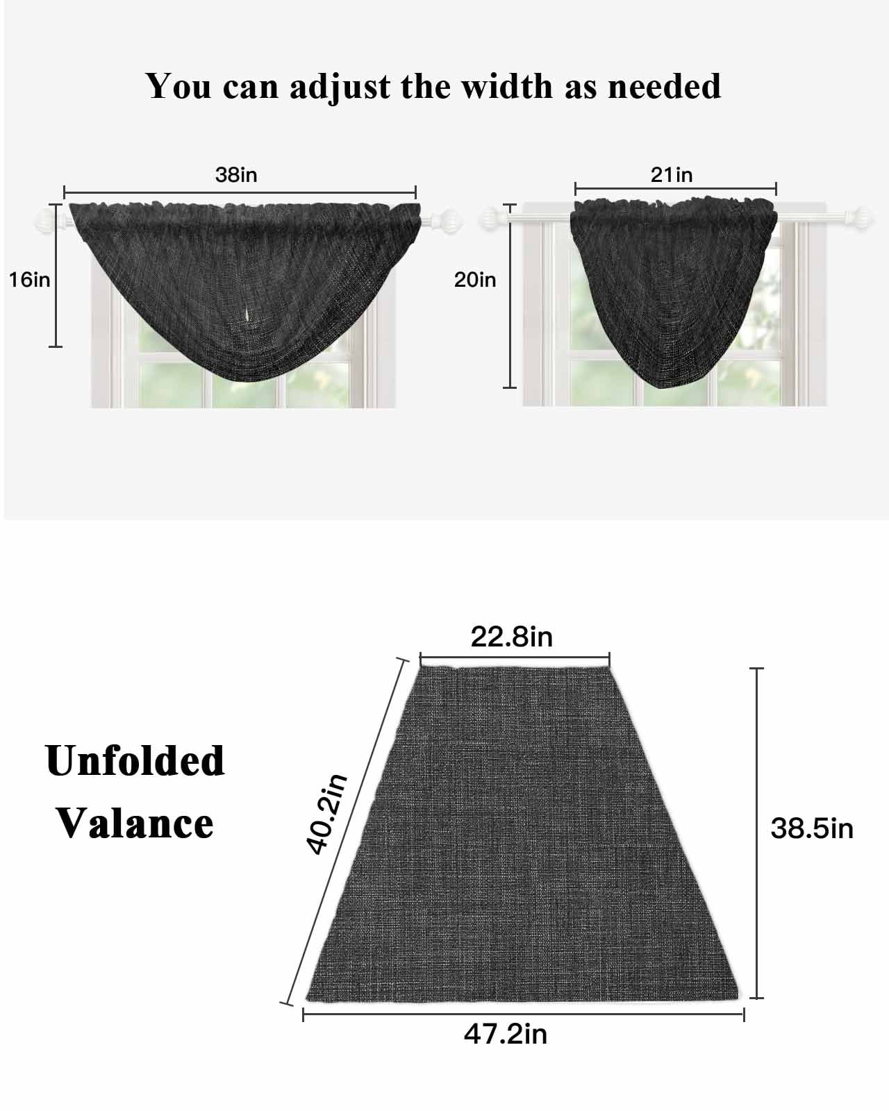 Black Waterfall Valances for Windows, Farmhouse Burlap Solid Black Color Modern Linen Texture Sheer Valance Curtains, Rod Pocket Elegant Swag Valances for Living Room Bedroom, 47.2"x38.5", 2 Panel