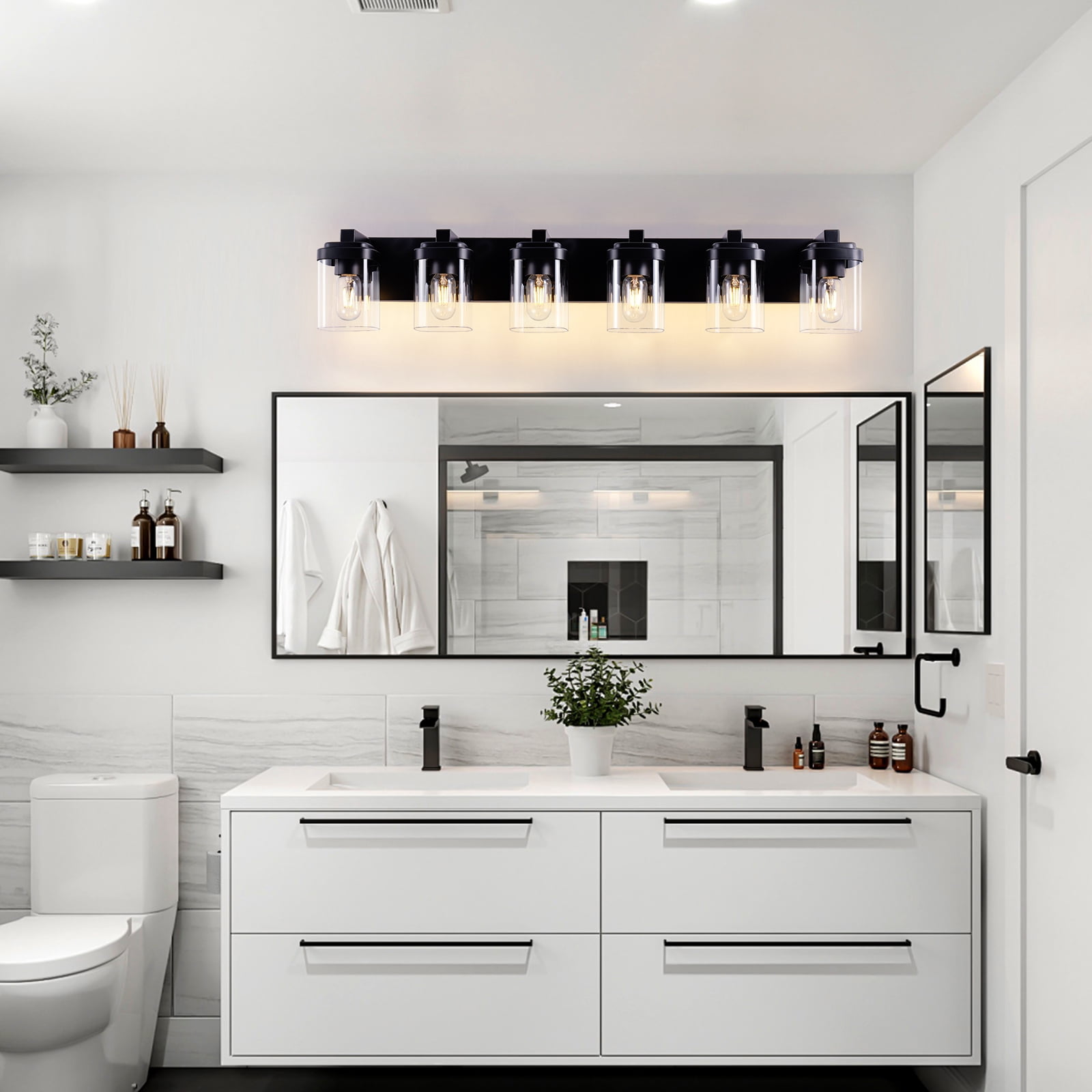 6 Light Bathroom Vanity Light, Matte Black Bathroom Light Fixtures with Clear Glass Shade, Vanity Light Fixtures Over Mirror for Bedroom Living Room(NO BULBS)