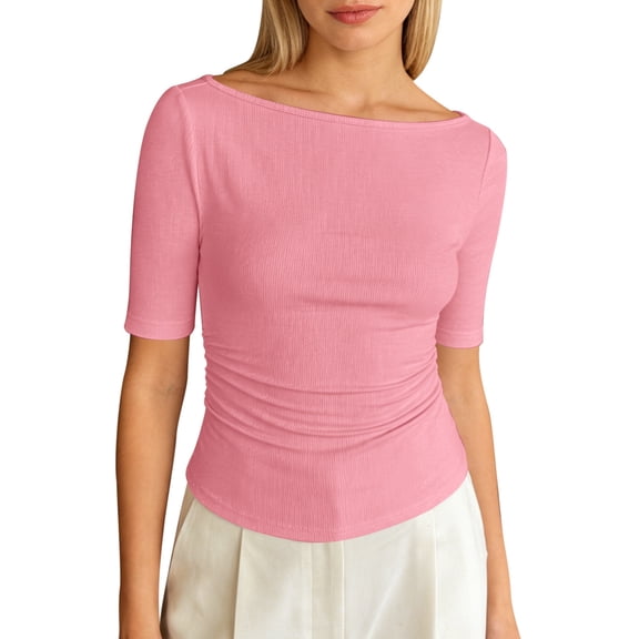 Yuanlong Women's T Shirts Side Ruched Boat Neck Elbow-Length Sleeve Solid Color Tees Slim Fit Basic Business Casual Tops