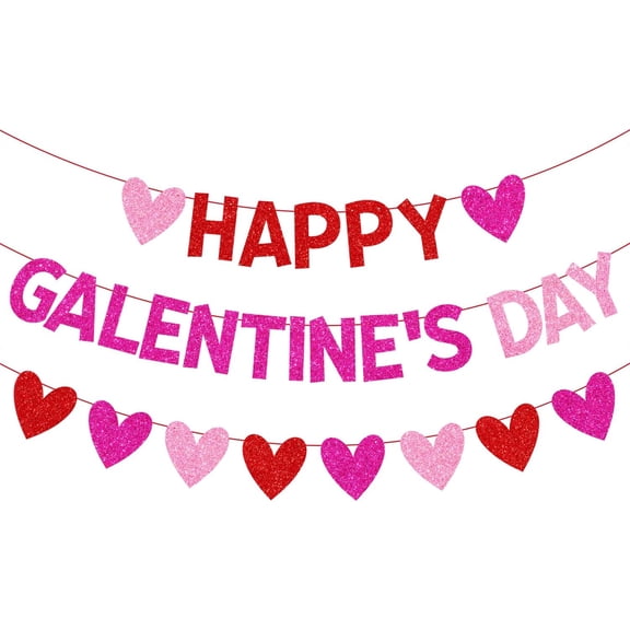 Glittery Happy Galentine’s Day Banner and Red Pink Rose Red Glitter Hearts Banner Galentine's Day Banner Garland Girls Ladies Galentines Day Party Decorations for Valentines Day Party Supplies