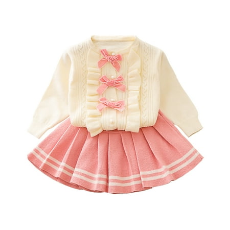 

IBTOM CASTLE Baby Girls Autumn Winter Clothes Knit Long Sleeve Ruffle Sweater+Pleated Mini Tutu Skirt Outfit 2-3 Years Pink-Bow
