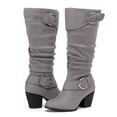 thumbnail image 3 of Love Steetly Women's Extra Wide Calf Knee High Boots, Soft Faux Suede, Two Large Round Buckle Straps, Slouchy Ruched Shaft Textured Stacked Heel Boots., 3 of 8