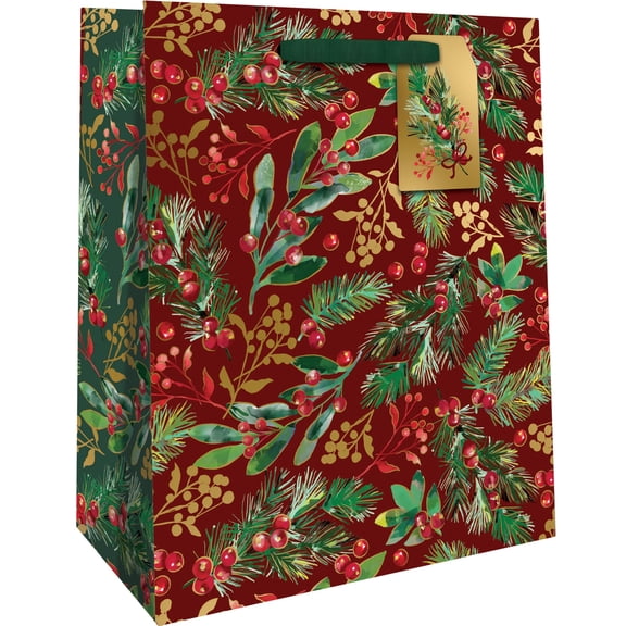 Jillson & Roberts Medium Christmas Gift Bags with Foil Accents & Spot Gloss, Winter Foliage (12 Count)