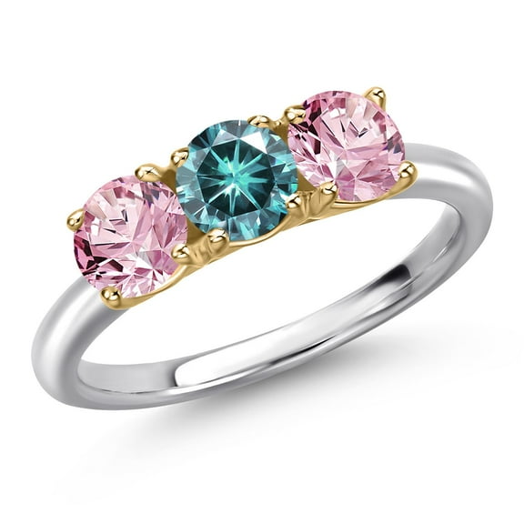 Gem Stone King 925 Silver and 10K Yellow Gold Blue Moissanite and Pink Lab Grown Diamond Engagement Ring for Women | 1.50 Cttw | Round 5MM | Gemstone Birthstone | Size 5