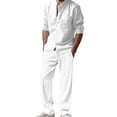 thumbnail image 2 of Men 2 Piece Linen Set Outfits Long Pants Button Down Roll Up Sleeve Shirts Beach Wedding Suit Sets Shirts and Pants Matching Sets, 2 of 6