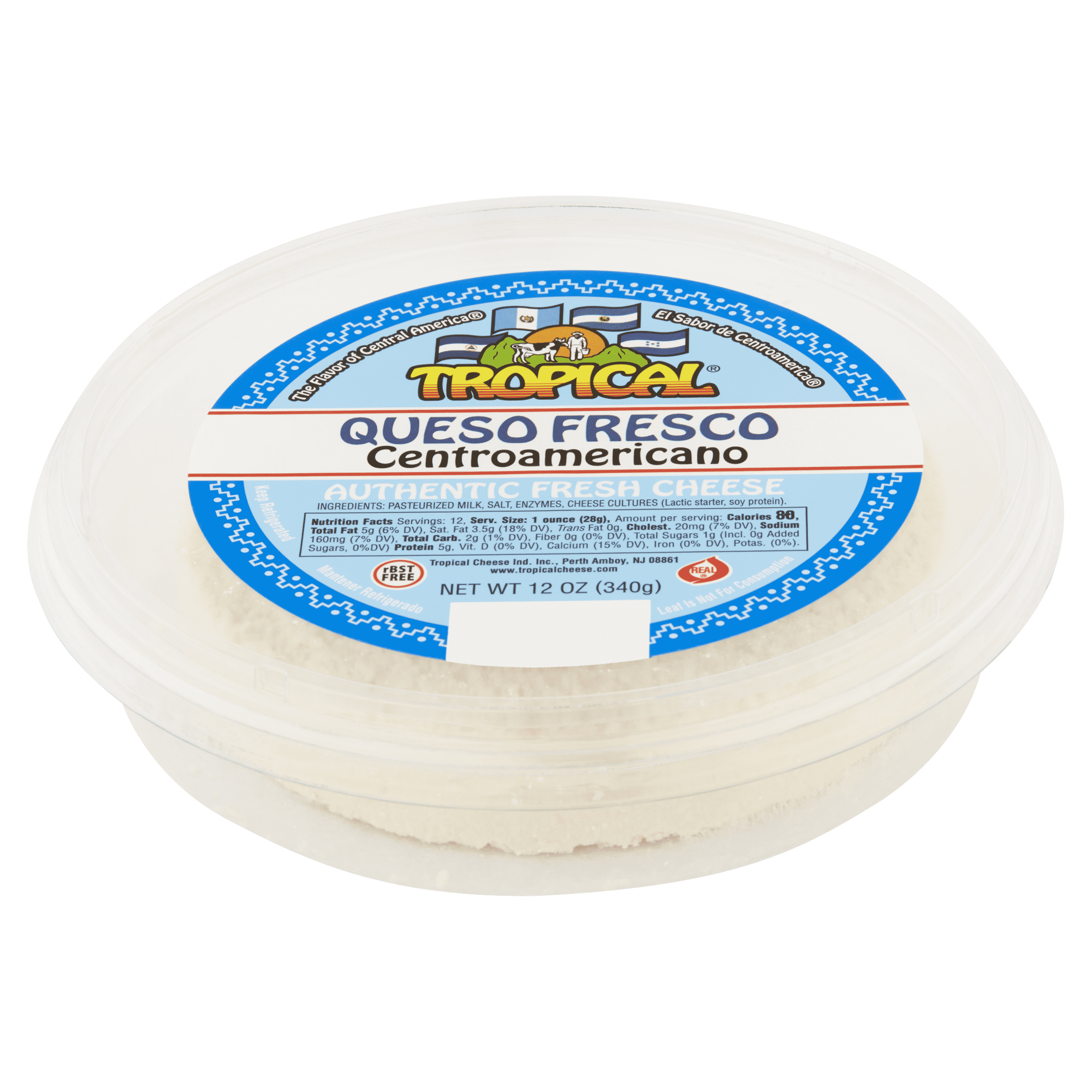 Tropical Queso Fresco Centroamericano, Fresh White Cheese, 12oz Resealable Plastic Tray, rBST Free