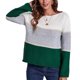 thumbnail image 1 of Suéter verde con bloques de color, cuello redondo, rayas anchas, corte holgado y manga larga para mujer, talla S, 1 of 6