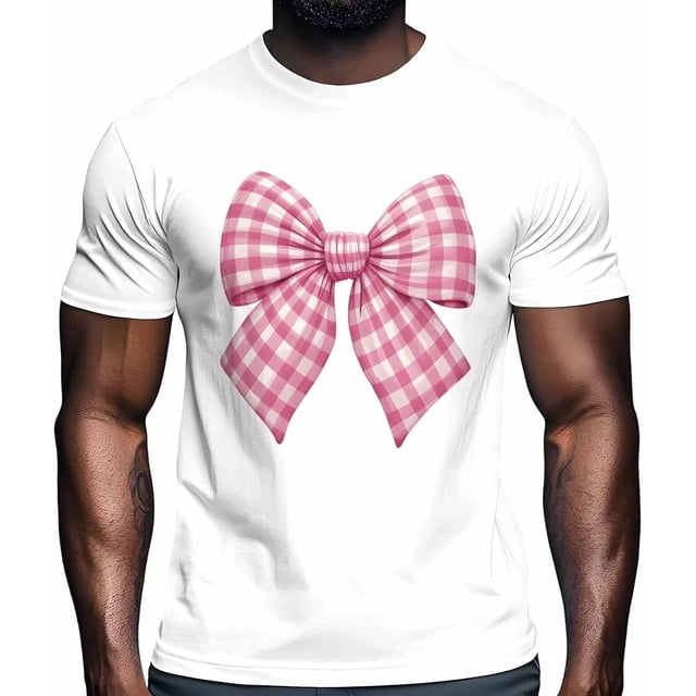 T-Shirts for Men, Pink Check Bow Crew Neck Cotton T-Shirt Men's Short Sleeve Buffalo Plaid Bow