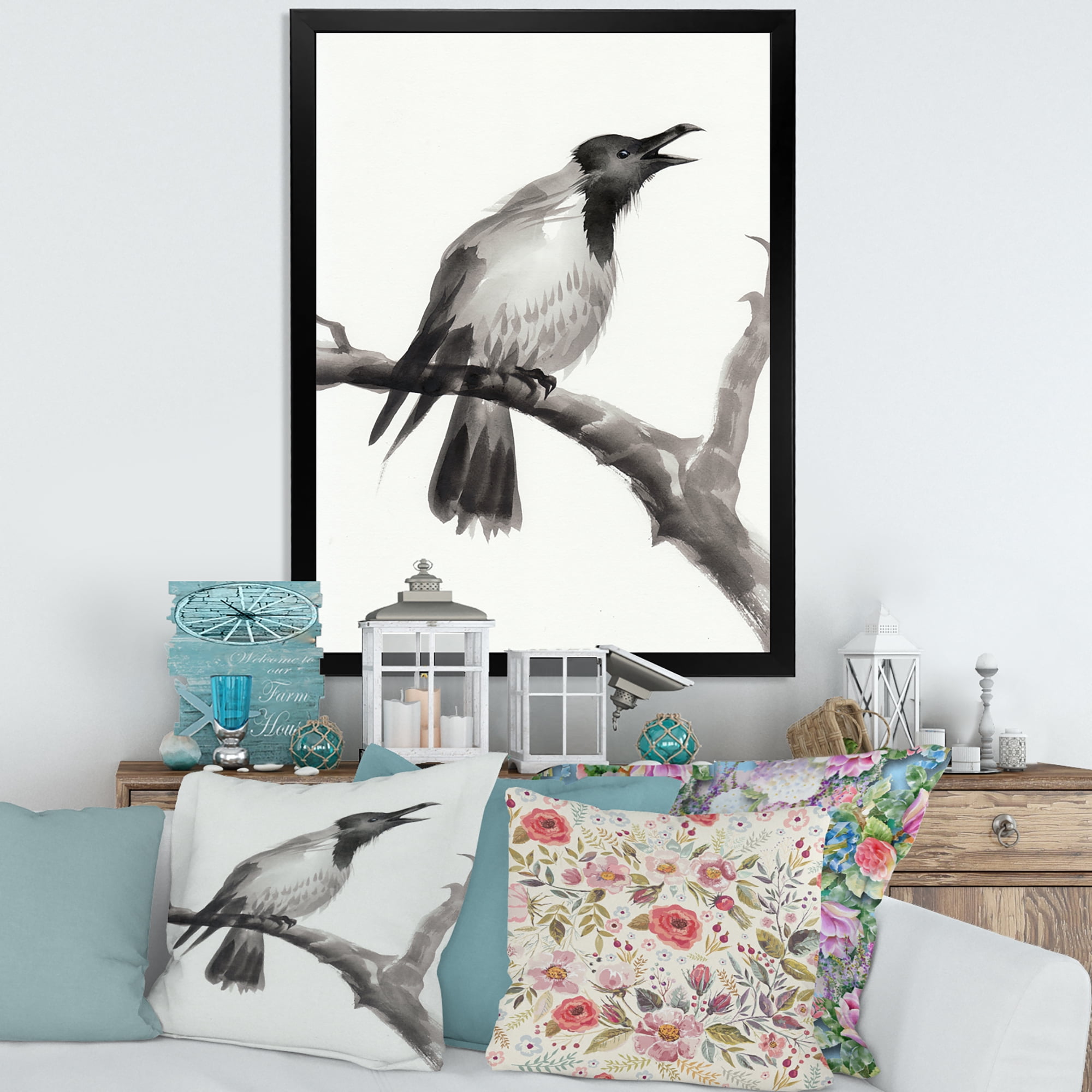 Designart 'Monochrome Crying Crow On A Branch' Traditional Framed Art Print