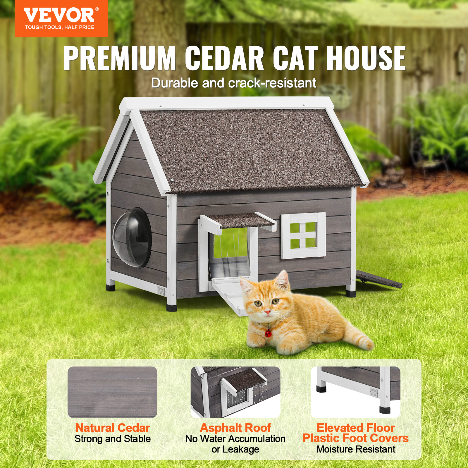 VEVOR Outdoor Cat House Weatherproof, Feral Cat Shelter for Multiple Cats, Outdoor Wooden Cat House with Large Side Door, PVC Door Flaps, Open Roof, Clear Window, 22"L x 30"W x 26"H