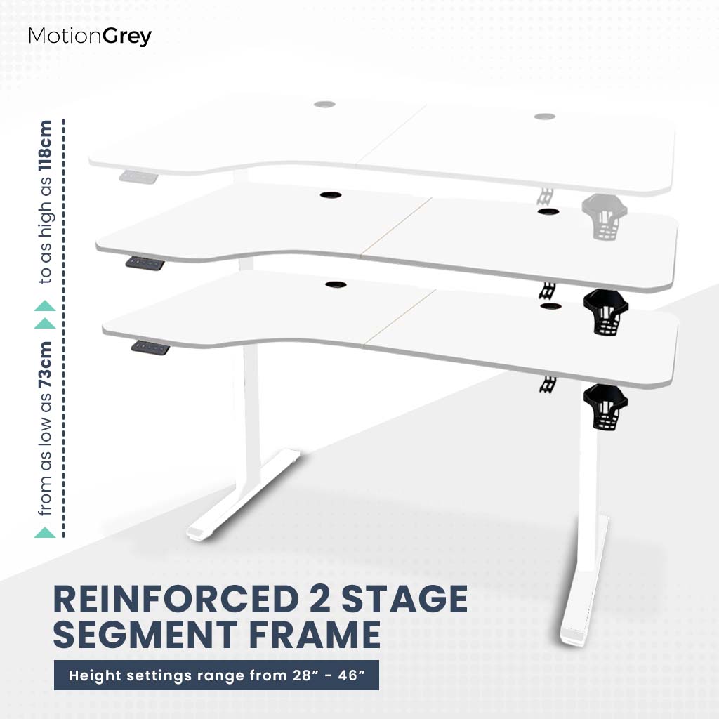 MotionGrey - Height Adjustable L Shaped Standing Desk, Motorized Frame - Left Table Top (White, 63"x29")