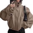 thumbnail image 2 of Women Cropped Trench Coat Zip Up Funnel Neck Short Jacket Oversized Wool Coats Fall Winter Casual Outfits Khaki XS, 2 of 7