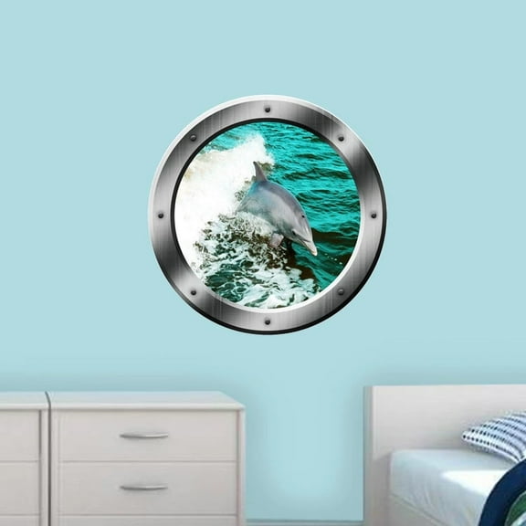 VWAQ Dolphin Porthole Wall Decal Ocean Wall Sticker Animal Nature View Wall Mural - PO3 (14" Diameter)