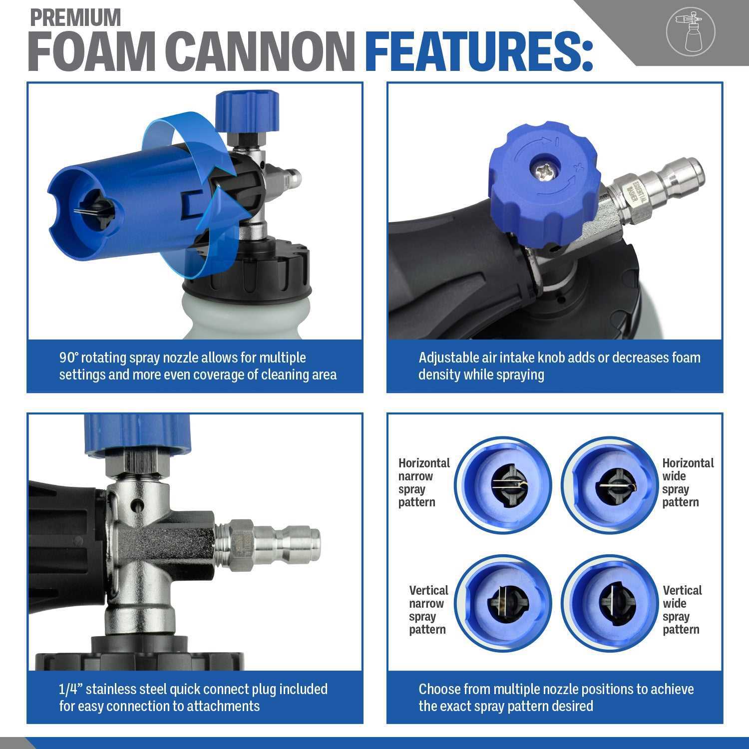Pressure Washer 90 Degree Premium Foam Cannon with Stainless Steel QC Plug